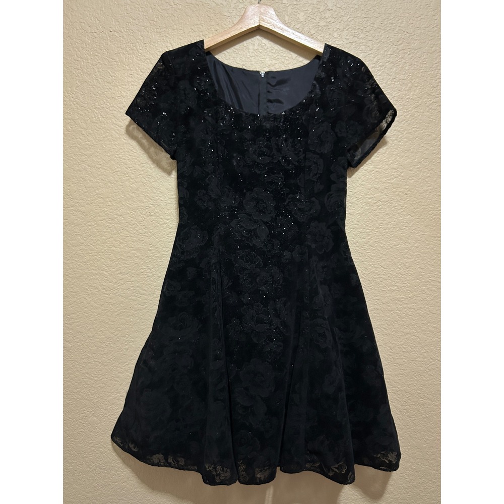 Vintage Dress Small Black Floral Glitter Fit Flare Dress Whimsigoth Goth Rose